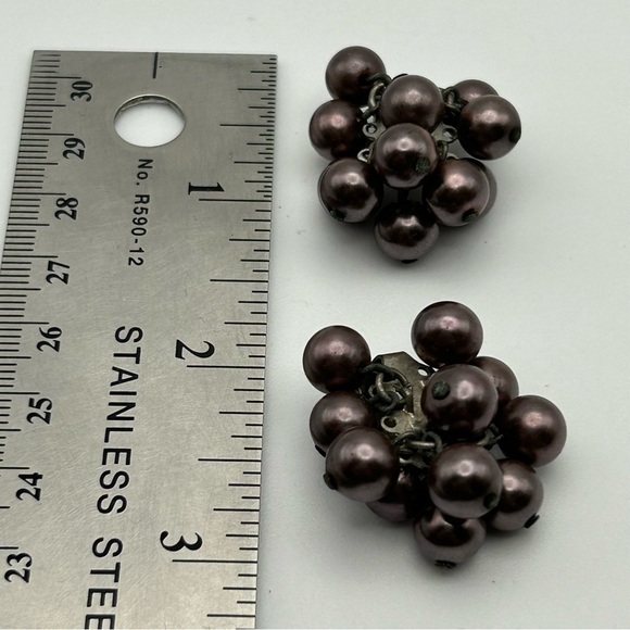 Vintage Brown Bronze Cluster Bobble Dangle Large Clip On Earrings - Picture 4 of 6